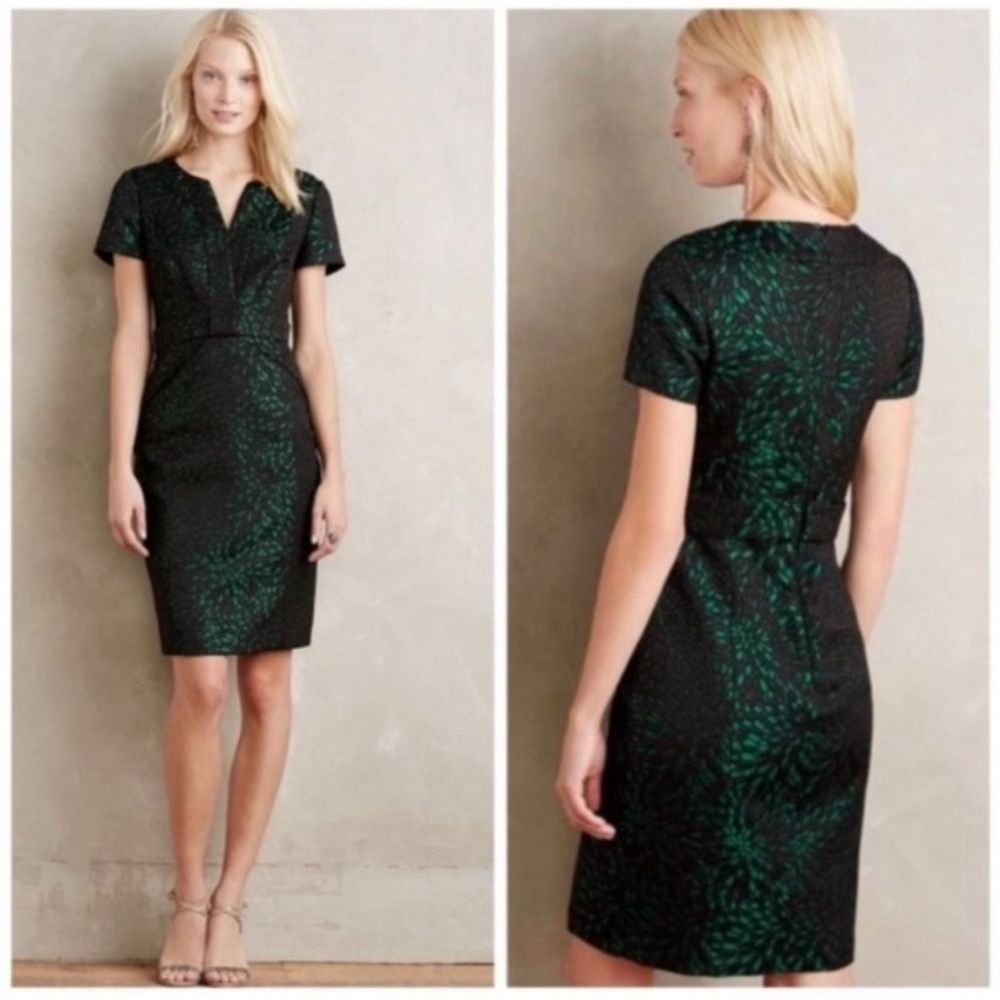 Anthropologie MAEVE Shelby Jacquard Emerald Metallic Sheath Pencil Dress